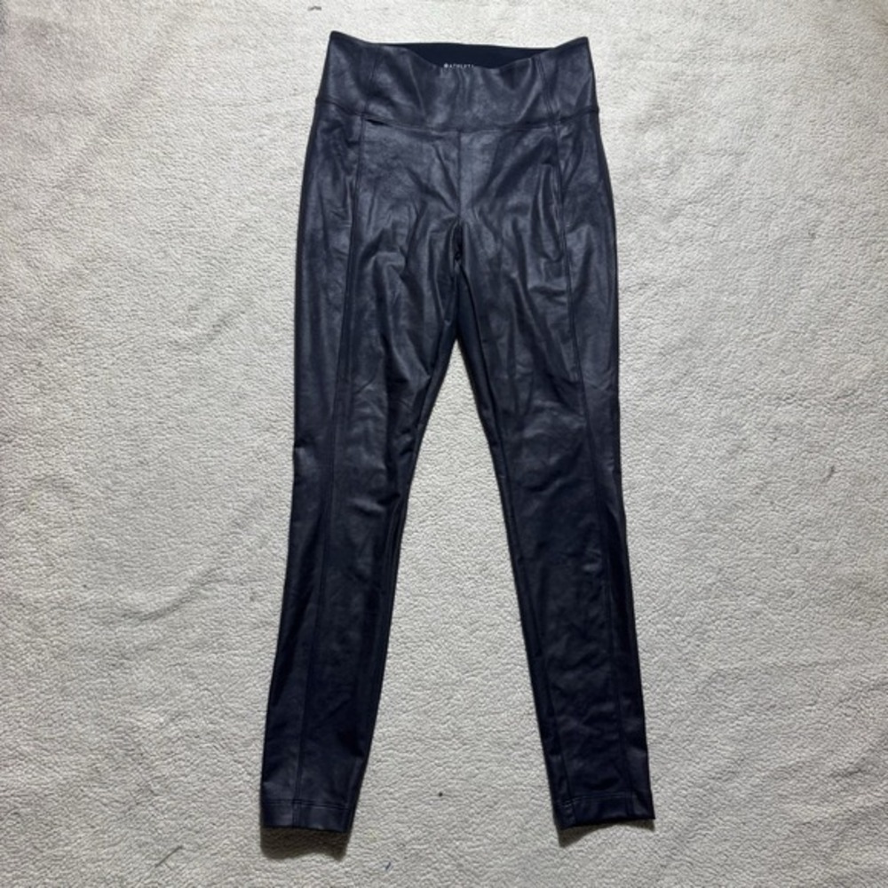 Athleta Leggings Womens Small Faux Leather Delancey Gleam Black High Waist Logo